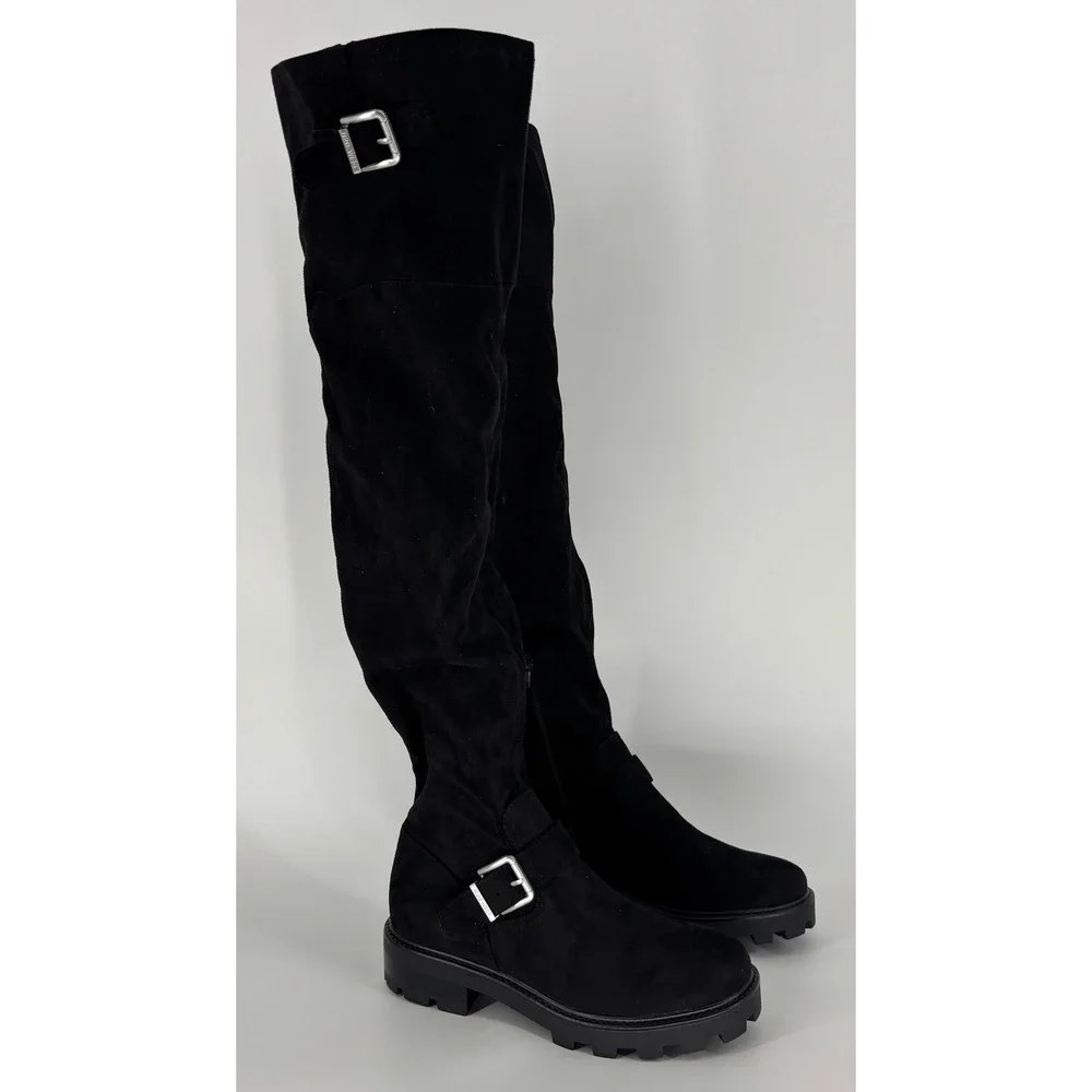 Nine West Nans Over-The-Knee Lug Sole Boots Black Women Size 8 Buckle Suede